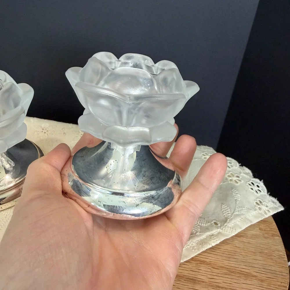 William Adams Frosted Rose Crystal Candle Holders Silverplate Base Vintage Set 2